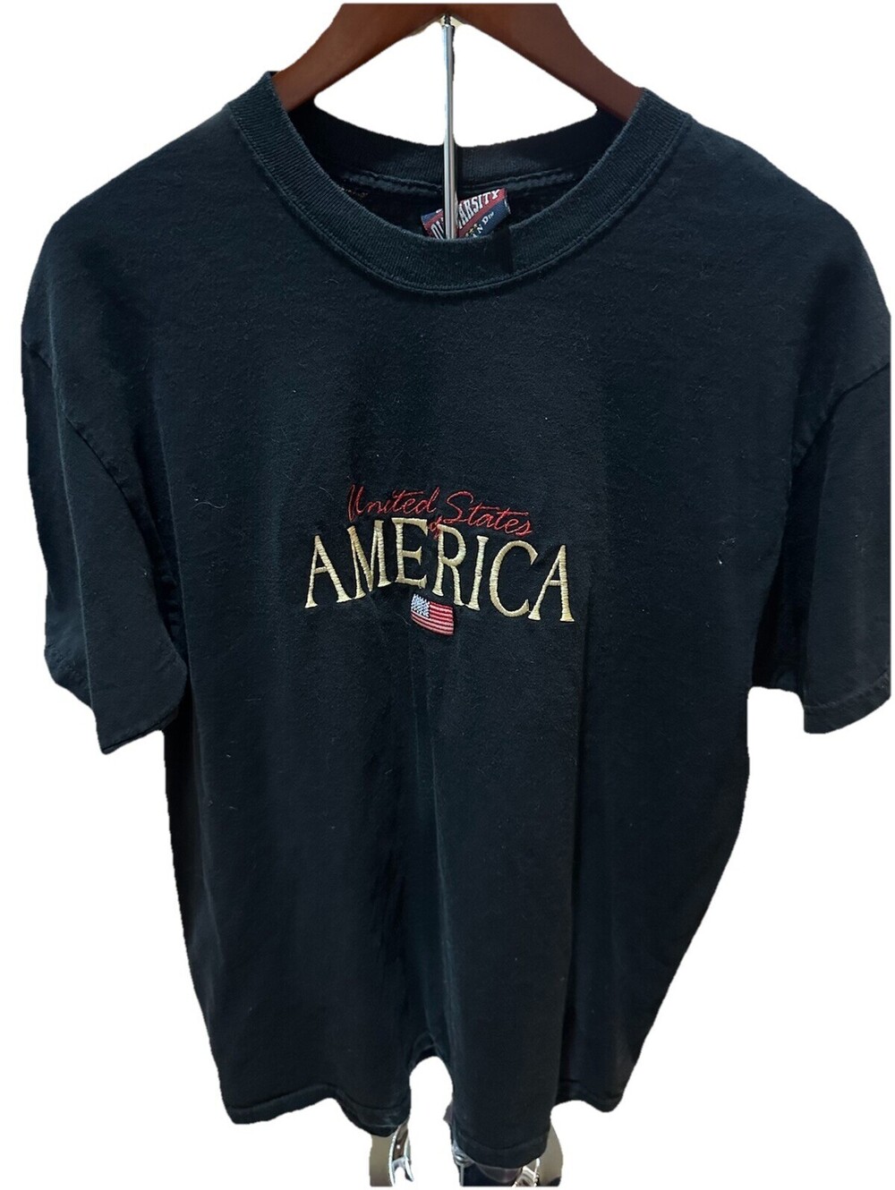 VTG Old Varsity America USA Embroidered T Shirt Black Patriotic L